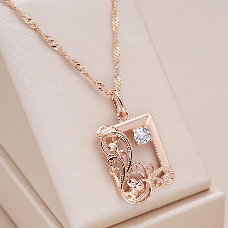 Refined Vintage 585 Rose Gold Square Pendant Necklace with Natural Zircon and Cubic Zirconia Accents