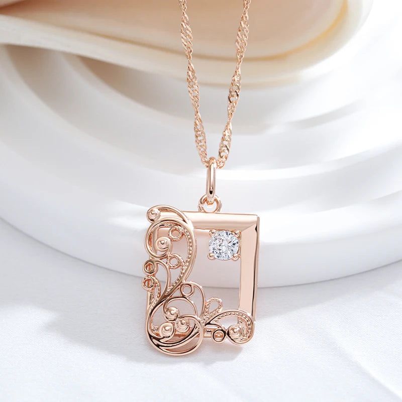 Refined Vintage 585 Rose Gold Square Pendant Necklace with Natural Zircon and Cubic Zirconia Accents