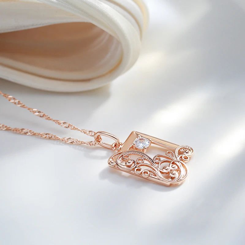 Refined Vintage 585 Rose Gold Square Pendant Necklace with Natural Zircon and Cubic Zirconia Accents