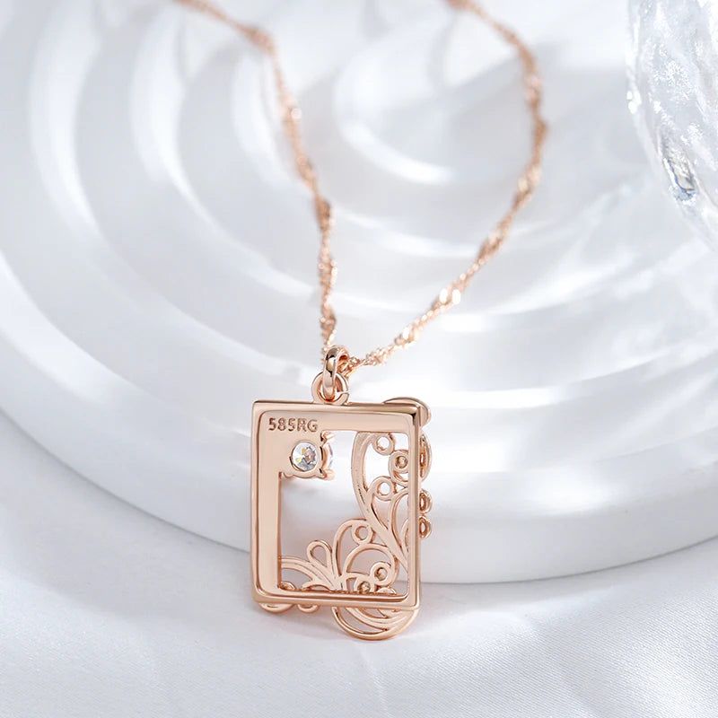 Refined Vintage 585 Rose Gold Square Pendant Necklace with Natural Zircon and Cubic Zirconia Accents