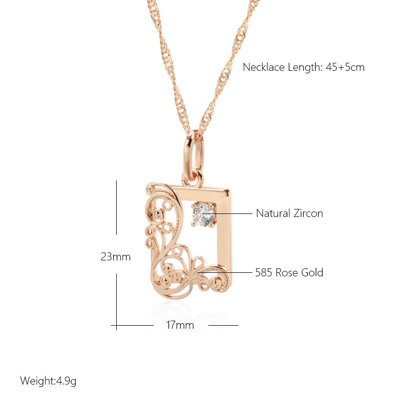 Refined Vintage 585 Rose Gold Square Pendant Necklace with Natural Zircon and Cubic Zirconia Accents