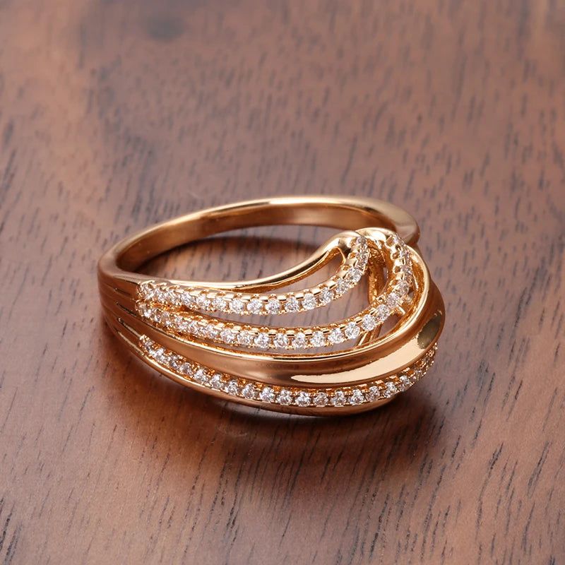 Refined Vintage 585 Rose Gold Wave Ring with Natural Zircon Accents