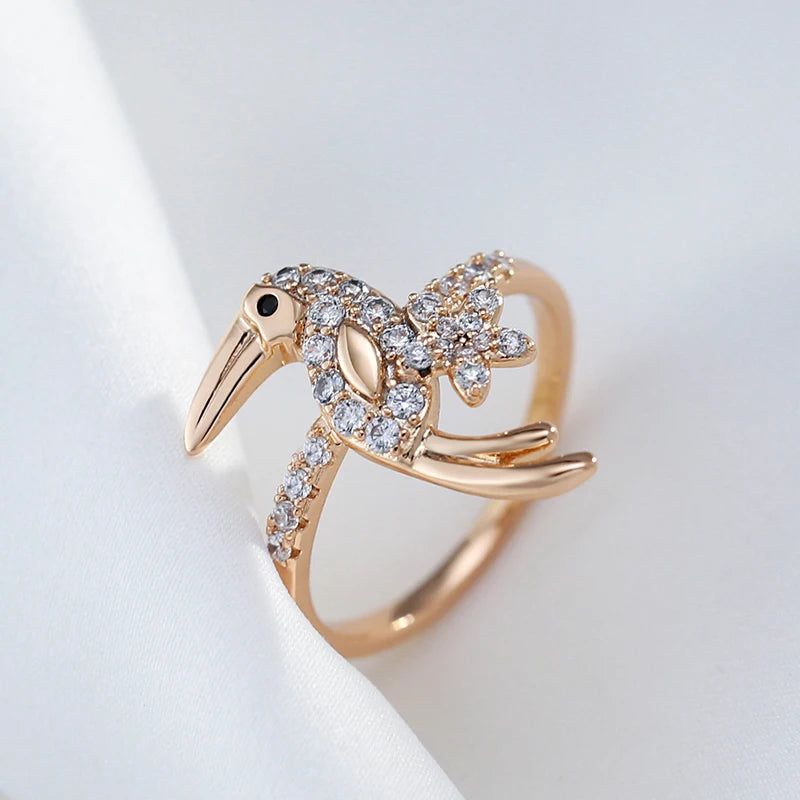 Refined Vintage Bird Design 585 Rose Gold Cocktail Ring with Natural Zircon