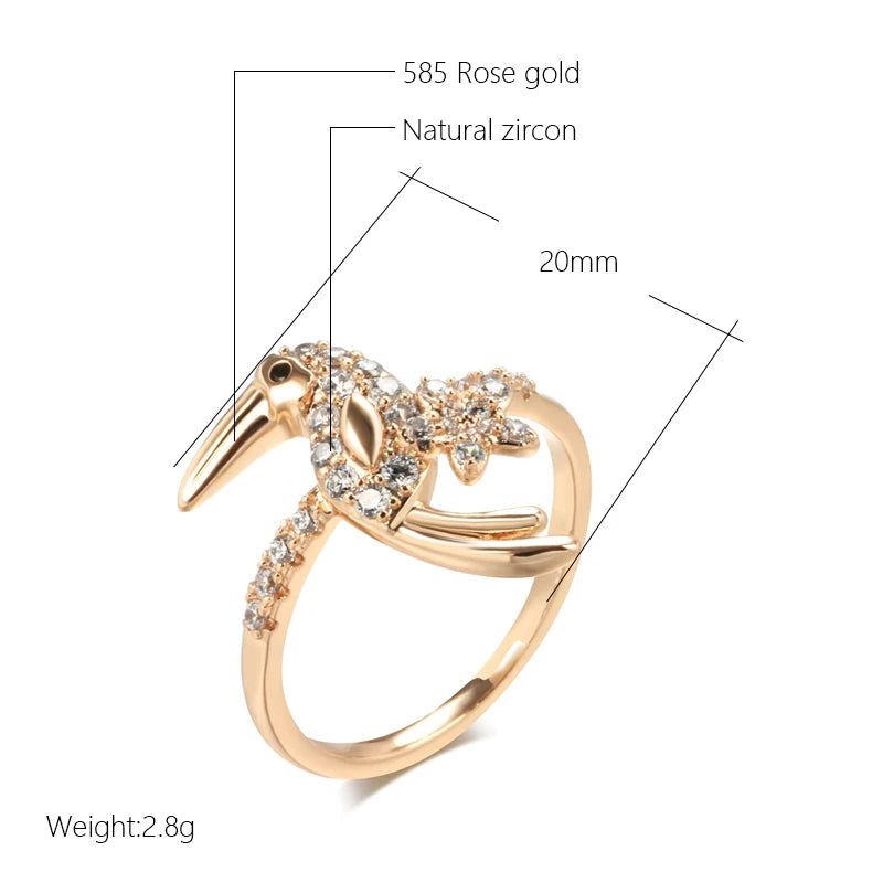 Refined Vintage Bird Design 585 Rose Gold Cocktail Ring with Natural Zircon