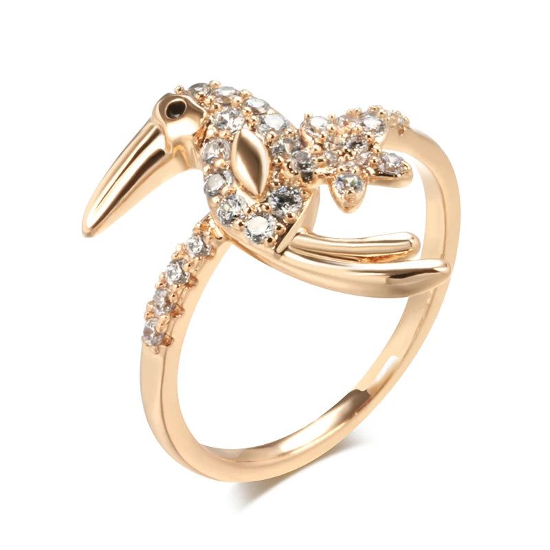 Refined Vintage Bird Design 585 Rose Gold Cocktail Ring with Natural Zircon