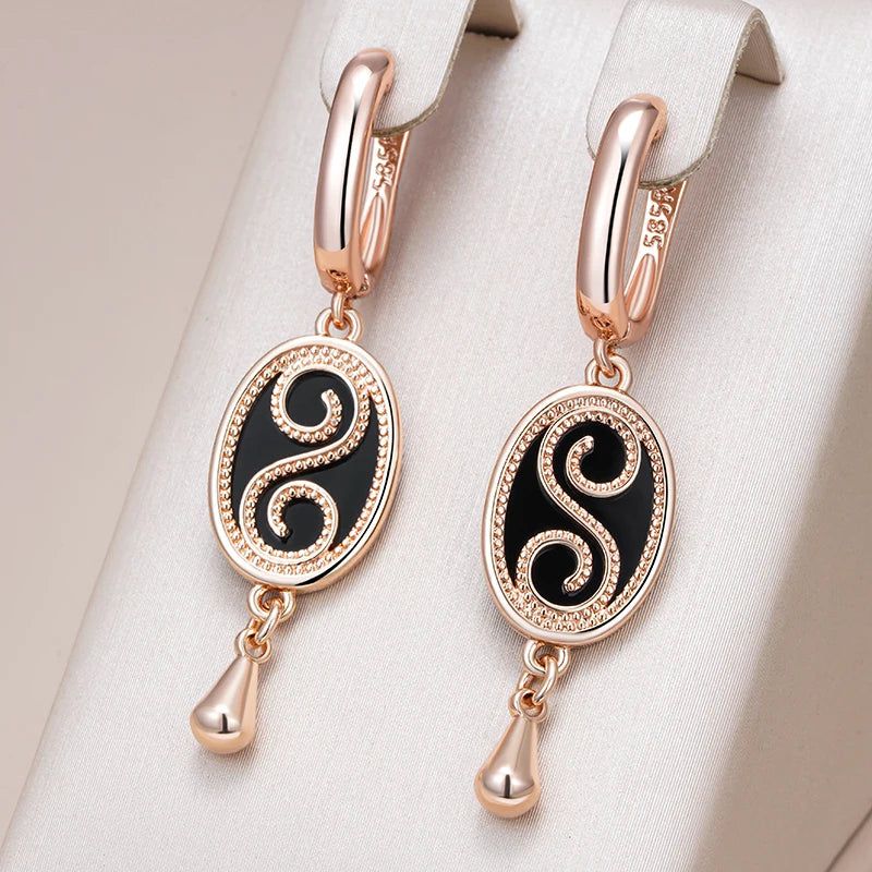 Refined Vintage Black Stone Drop Earrings in 585 Rose Gold - High-Quality Fashion Jewelry