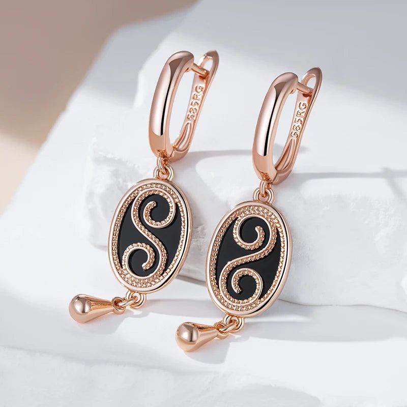 Refined Vintage Black Stone Drop Earrings in 585 Rose Gold - High-Quality Fashion Jewelry