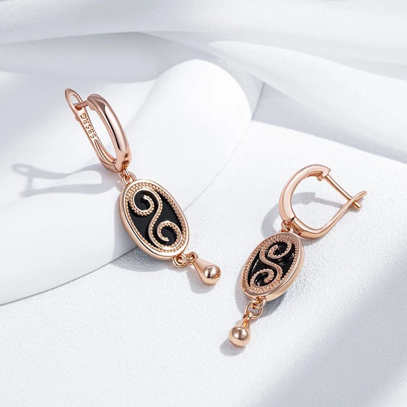 Refined Vintage Black Stone Drop Earrings in 585 Rose Gold - High-Quality Fashion Jewelry