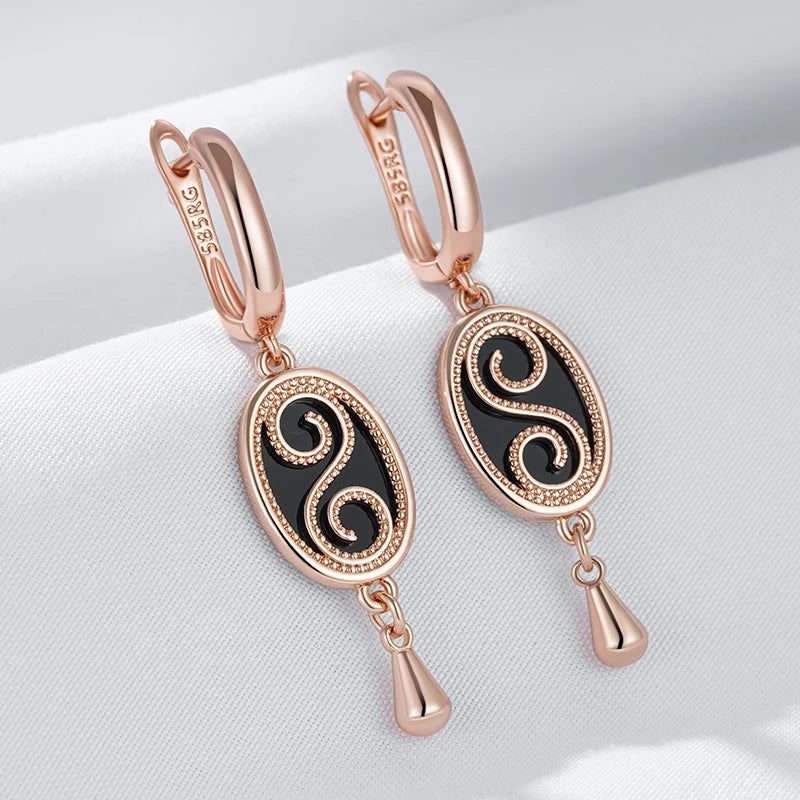 Refined Vintage Black Stone Drop Earrings in 585 Rose Gold - High-Quality Fashion Jewelry