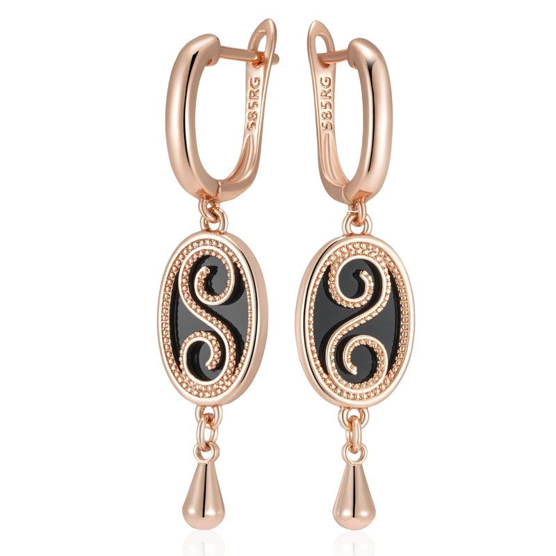 Refined Vintage Black Stone Drop Earrings in 585 Rose Gold - High-Quality Fashion Jewelry