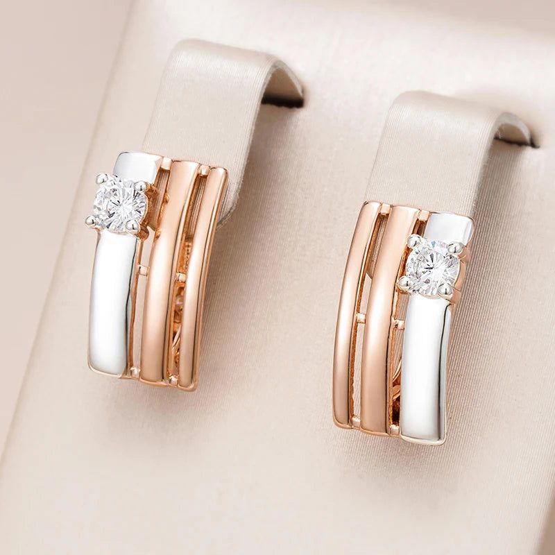 Retro Chic Square Drop Earrings in 585 Rose Gold and Silver with Natural Zircon