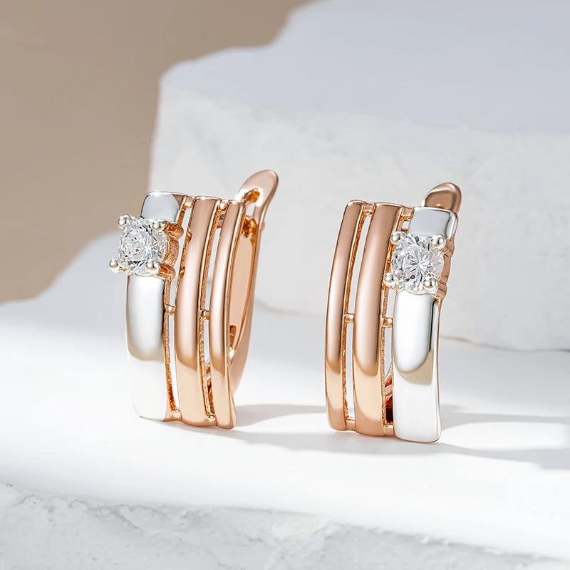 Retro Chic Square Drop Earrings in 585 Rose Gold and Silver with Natural Zircon