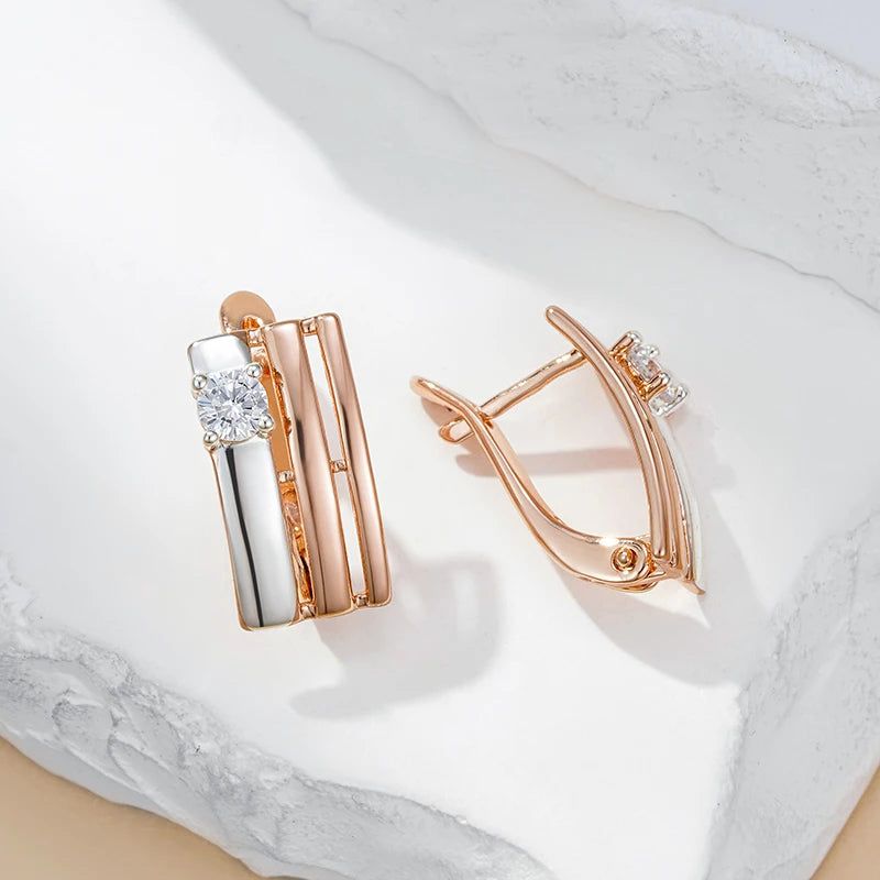 Retro Chic Square Drop Earrings in 585 Rose Gold and Silver with Natural Zircon