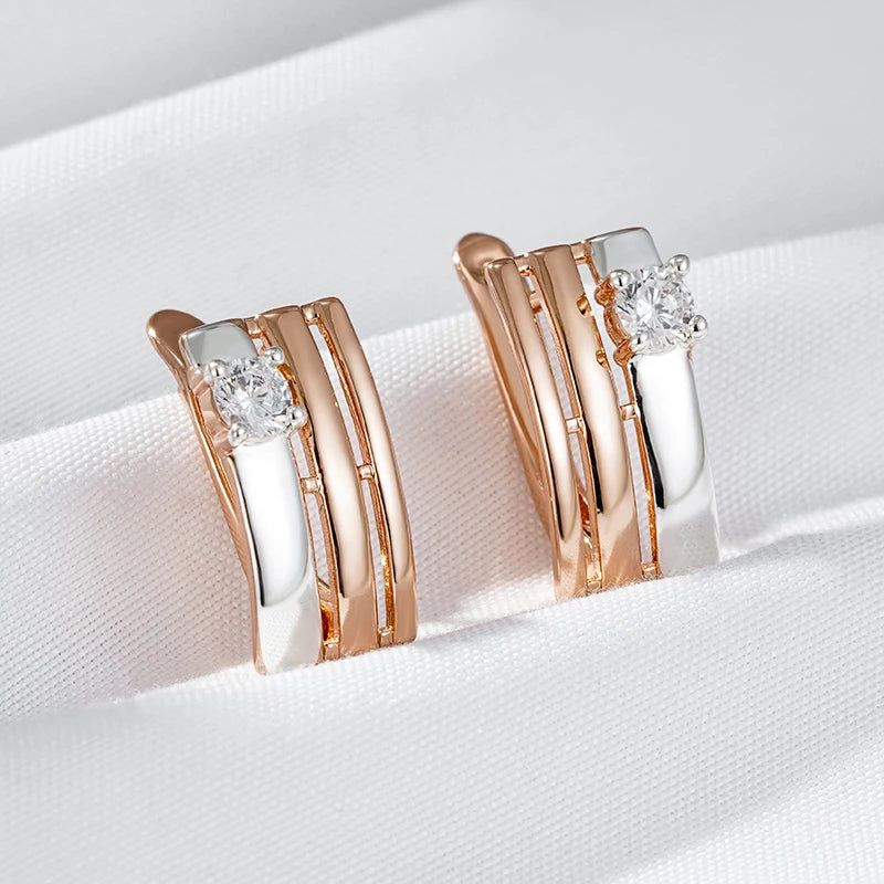 Retro Chic Square Drop Earrings in 585 Rose Gold and Silver with Natural Zircon