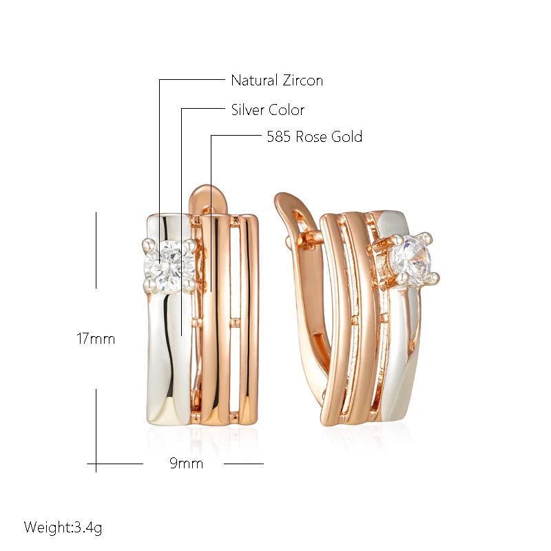 Retro Chic Square Drop Earrings in 585 Rose Gold and Silver with Natural Zircon