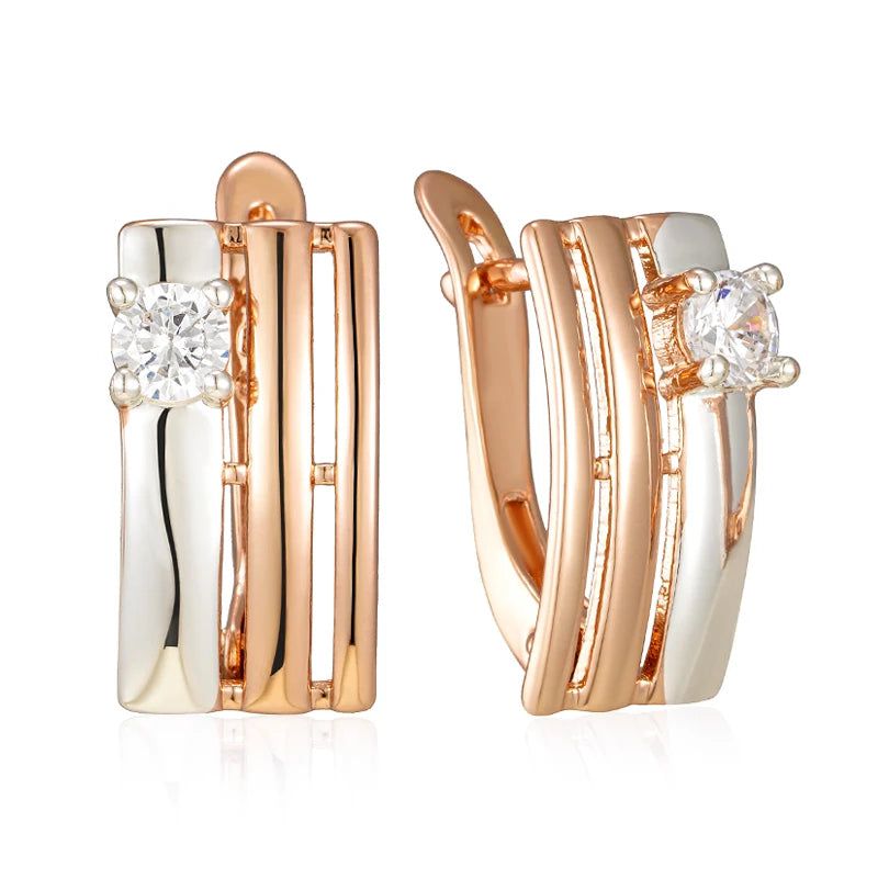 Retro Chic Square Drop Earrings in 585 Rose Gold and Silver with Natural Zircon