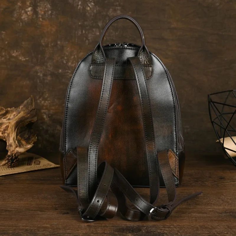 Retro Cowhide Animal Print Backpack for Women - Genuine Leather Large Capacity Student Bag