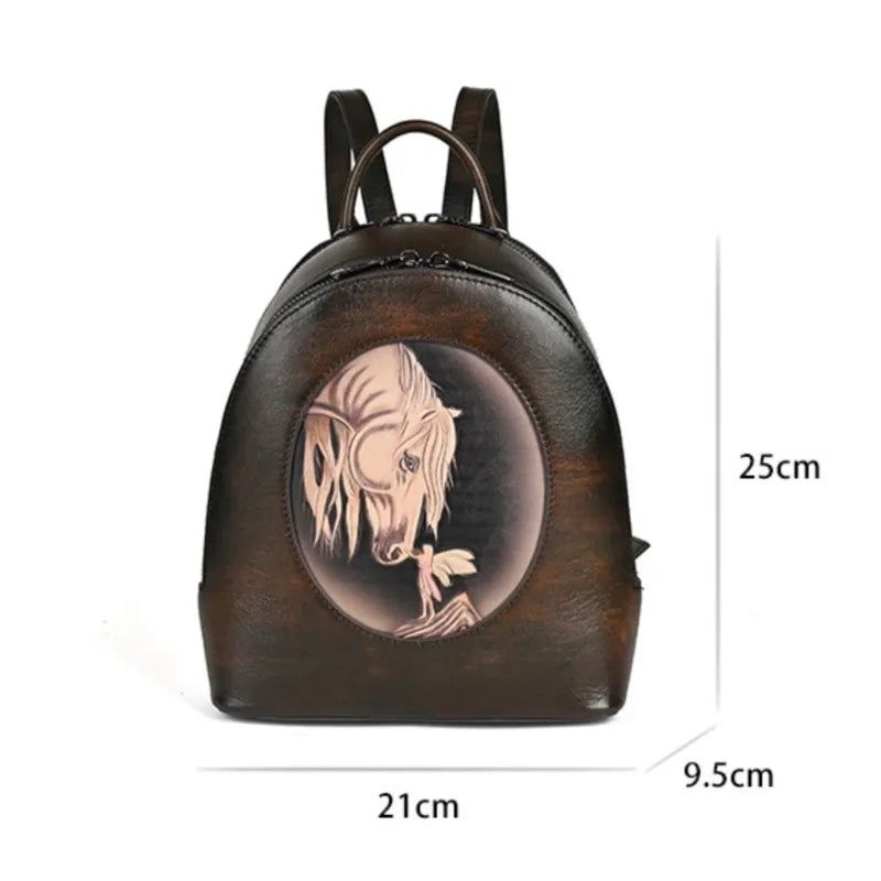 Retro Cowhide Animal Print Backpack for Women - Genuine Leather Large Capacity Student Bag