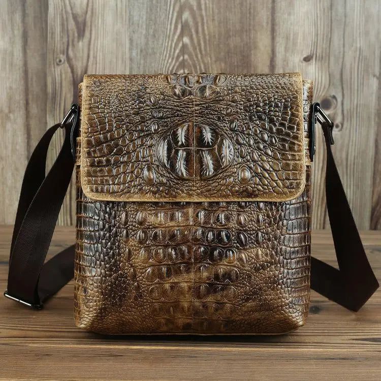 Retro Crocodile Pattern Genuine Leather Messenger Bag for Men - Stylish Cowhide Shoulder Bag