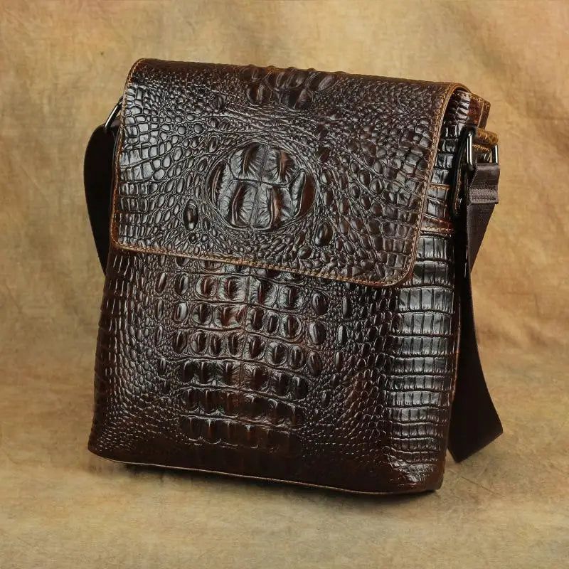 Retro Crocodile Pattern Genuine Leather Messenger Bag for Men - Stylish Cowhide Shoulder Bag