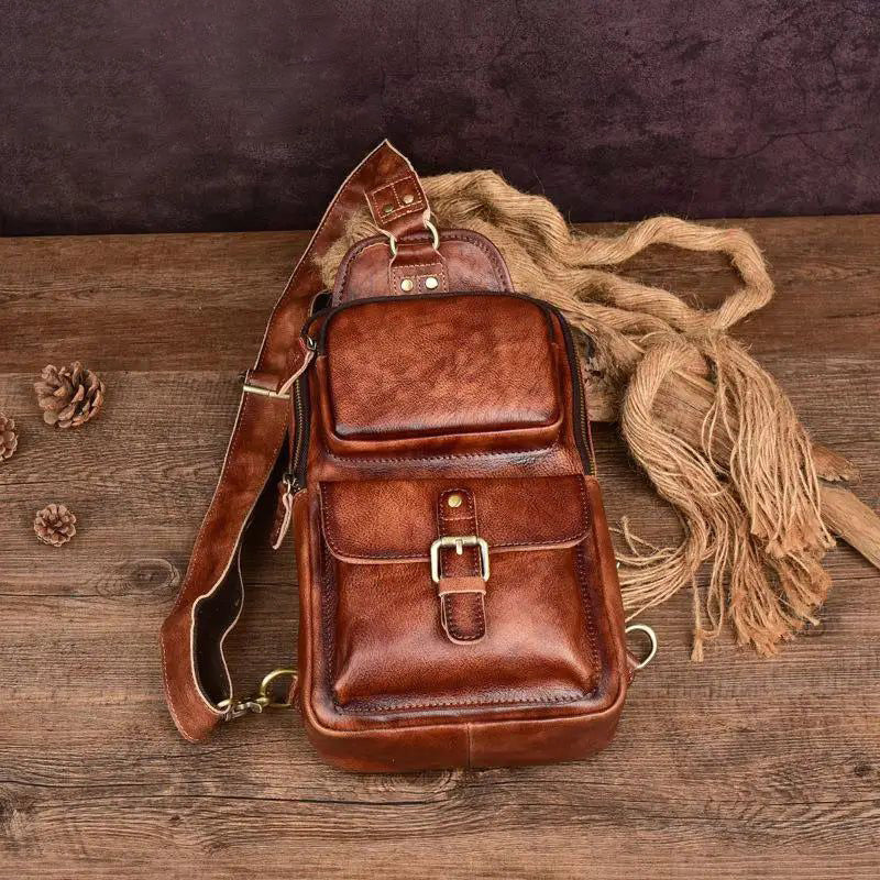 Retro Genuine Leather Men's Chest Bag – Multi-Functional Solid Color Cowhide Handmade Crossbody & Shoulder Bag