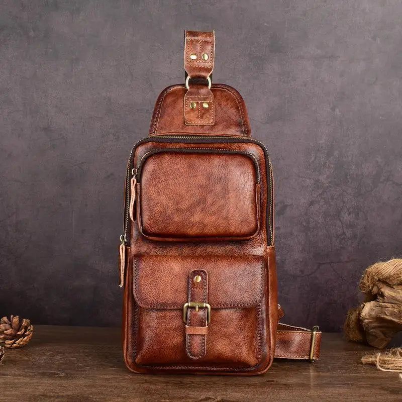 Retro Genuine Leather Men's Chest Bag – Multi-Functional Solid Color Cowhide Handmade Crossbody & Shoulder Bag