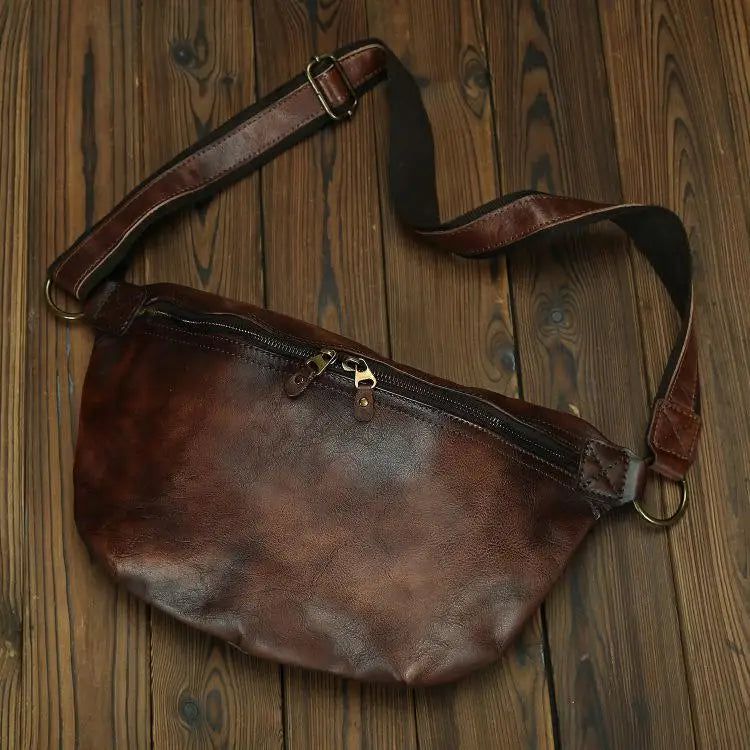 Retro Genuine Leather Men's Chest Bag - Natural Cowhide Shoulder Messenger for Travel