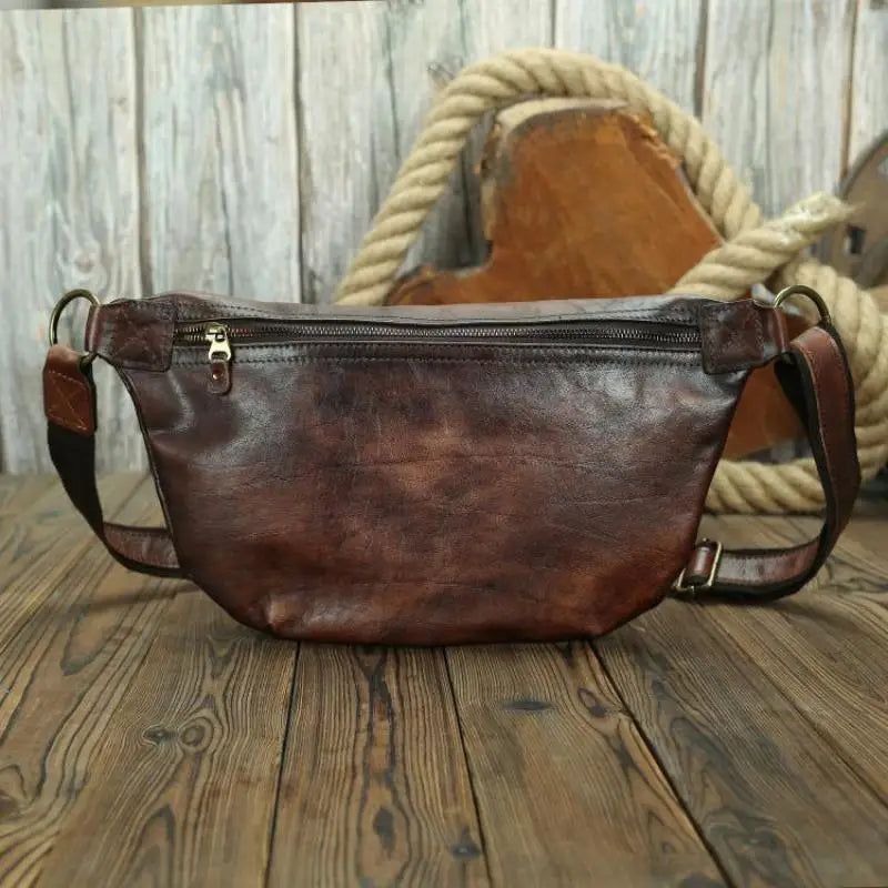 Retro Genuine Leather Men's Chest Bag - Natural Cowhide Shoulder Messenger for Travel