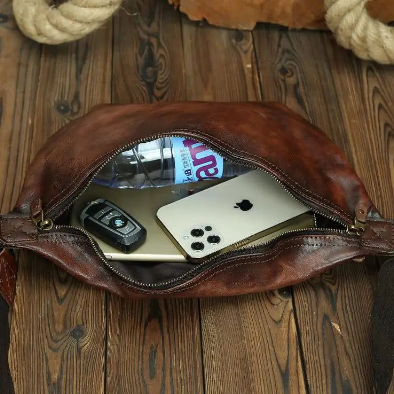 Retro Genuine Leather Men's Chest Bag - Natural Cowhide Shoulder Messenger for Travel