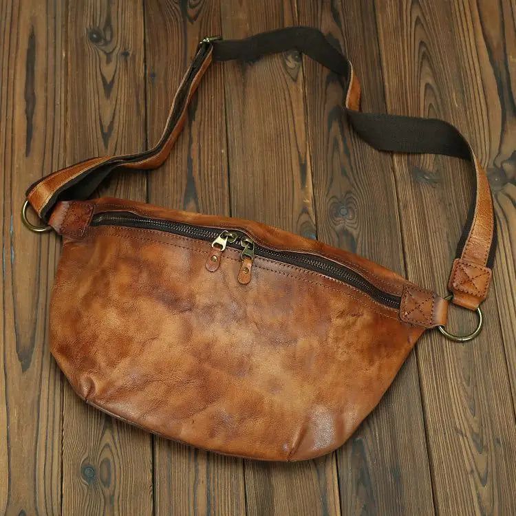 Retro Genuine Leather Men's Chest Bag - Natural Cowhide Shoulder Messenger for Travel