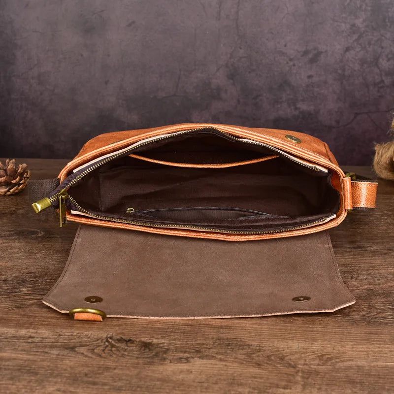 Retro Genuine Leather Men's Messenger Bag - Soft Solid Color Cowhide Shoulder & Crossbody Style