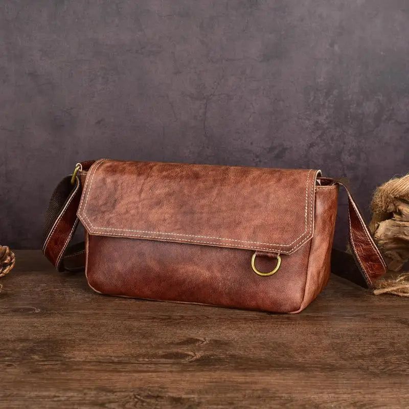 Retro Genuine Leather Men's Messenger Bag - Soft Solid Color Cowhide Shoulder & Crossbody Style