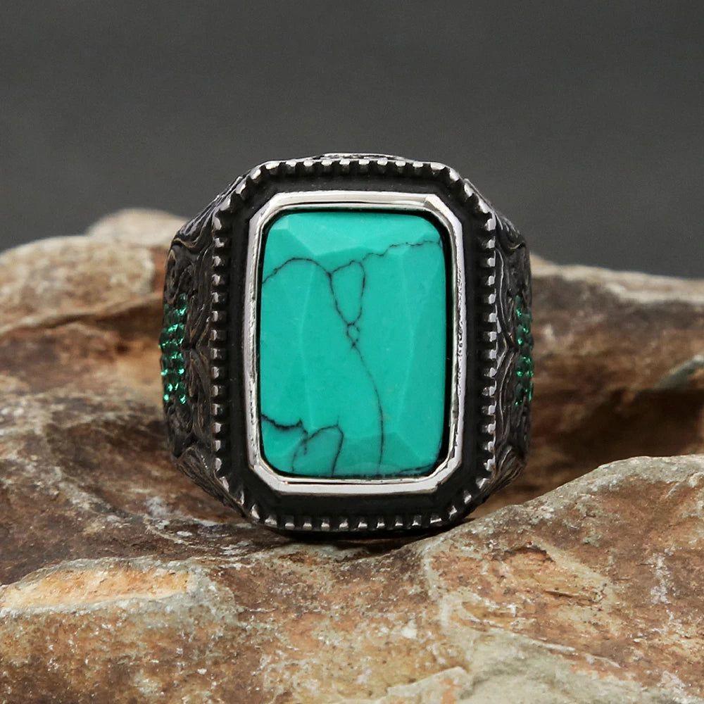 Retro Green Stone Stainless Steel Ring for Men and Women - High-Quality Punk Biker Jewelry Gift