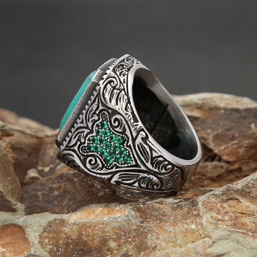 Retro Green Stone Stainless Steel Ring for Men and Women - High-Quality Punk Biker Jewelry Gift