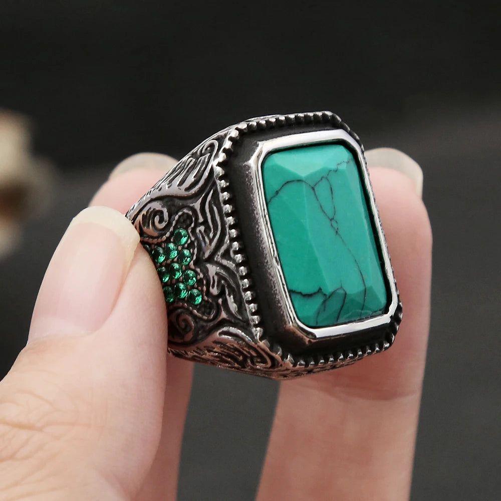 Retro Green Stone Stainless Steel Ring for Men and Women - High-Quality Punk Biker Jewelry Gift