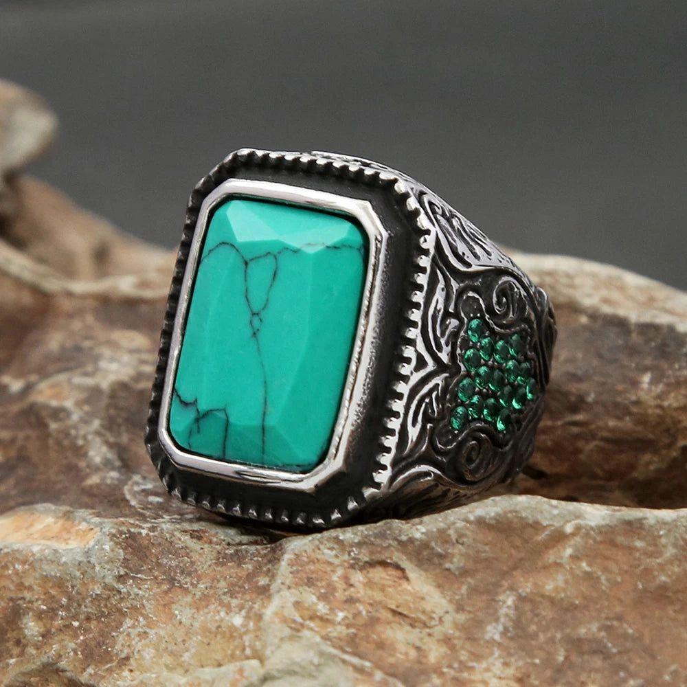 Retro Green Stone Stainless Steel Ring for Men and Women - High-Quality Punk Biker Jewelry Gift