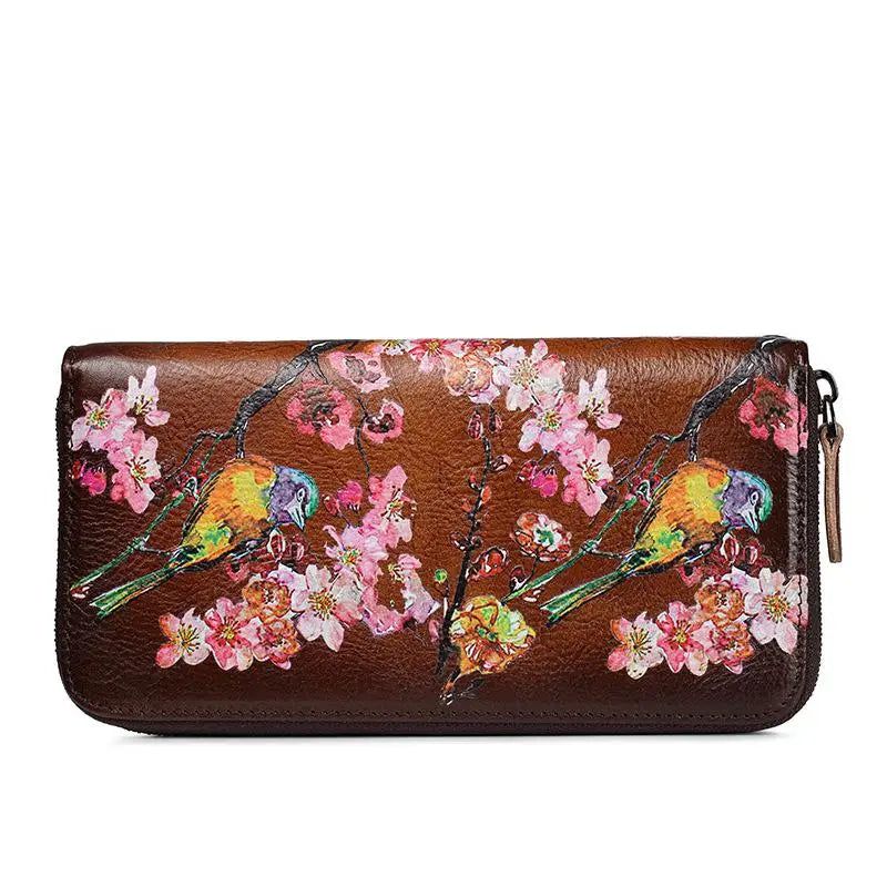 Retro-Inspired Genuine Leather Long Wallet for Women - Stylish Printed Design with Multiple Compartments