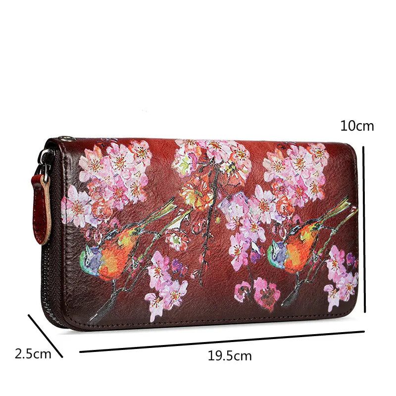 Retro-Inspired Genuine Leather Long Wallet for Women - Stylish Printed Design with Multiple Compartments