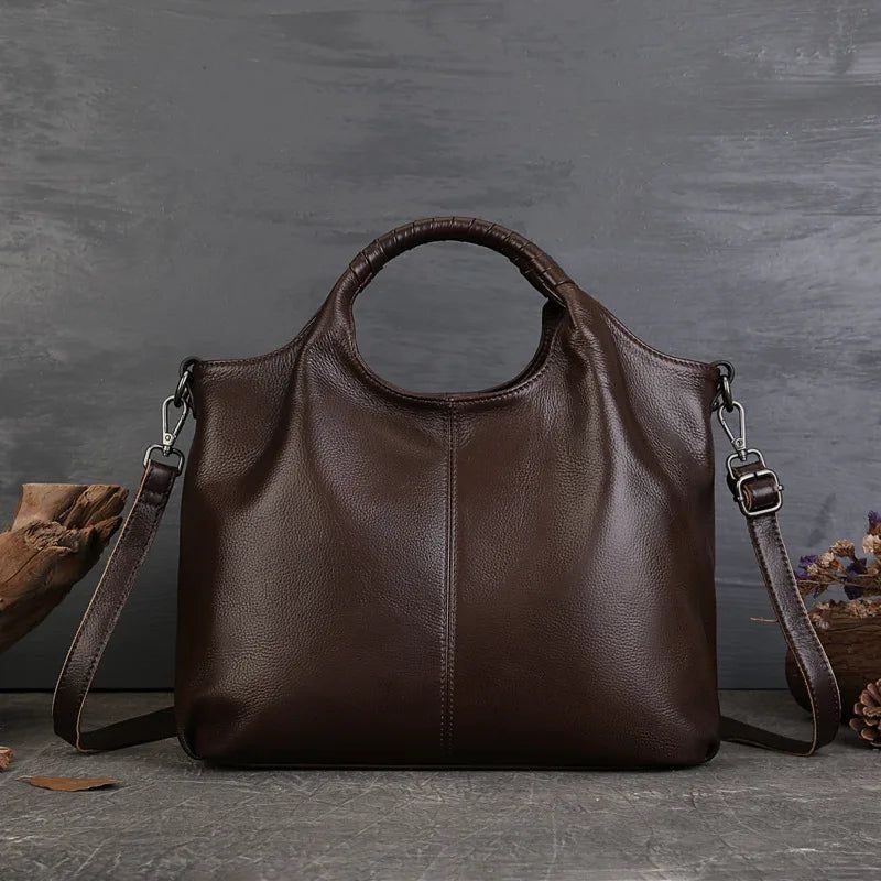 Retro-Inspired Genuine Leather Women's Large Tote Bag - Versatile Solid Color Shoulder Bag