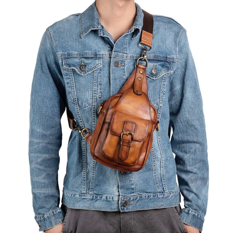 Retro Leather Men's Chest Bag - Stylish Soft Cowhide Messenger for Outdoor Activities