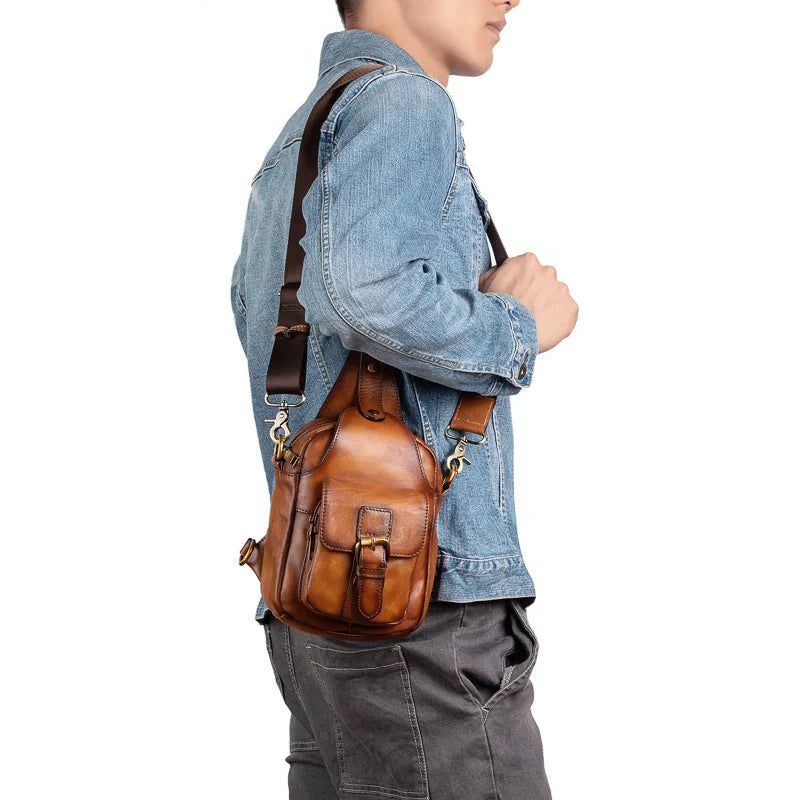 Retro Leather Men's Chest Bag - Stylish Soft Cowhide Messenger for Outdoor Activities