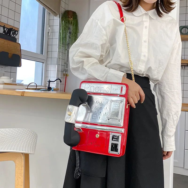 Retro Telephone-Inspired Black & Red Patent Shoulder Bag for Women - Stylish Chain Purses and Versatile Crossbody Tote