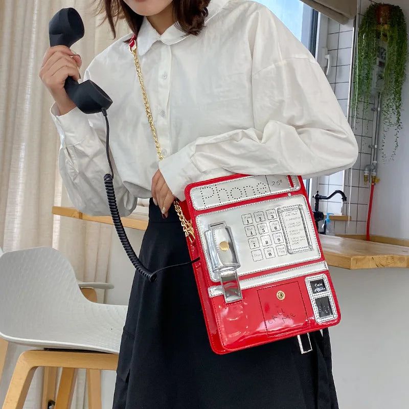 Retro Telephone-Inspired Black & Red Patent Shoulder Bag for Women - Stylish Chain Purses and Versatile Crossbody Tote