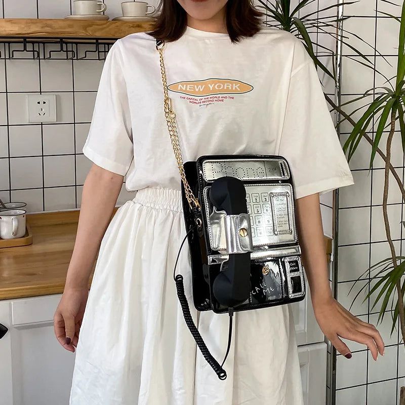 Retro Telephone-Inspired Black & Red Patent Shoulder Bag for Women - Stylish Chain Purses and Versatile Crossbody Tote