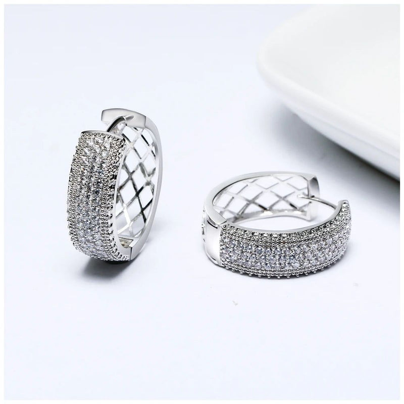 Rhodium-Plated Large Hoop Earrings with Half Clear Cubic Zirconia