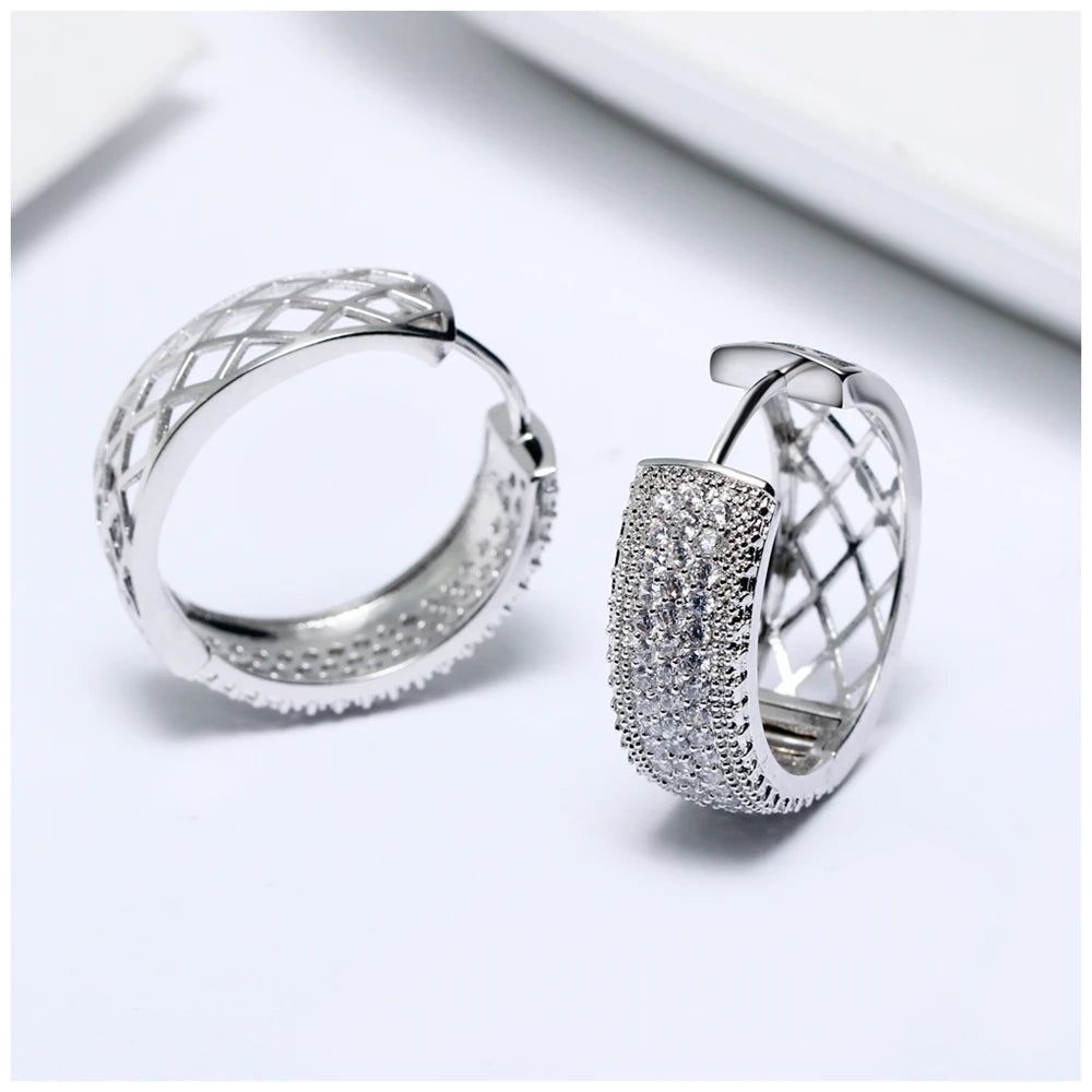 Rhodium-Plated Large Hoop Earrings with Half Clear Cubic Zirconia