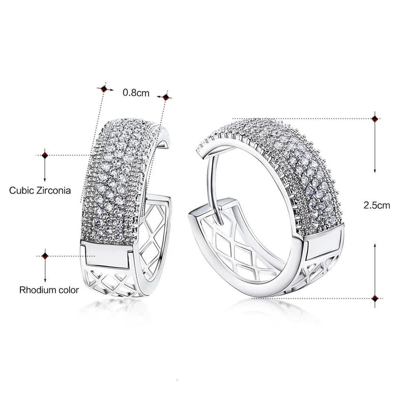 Rhodium-Plated Large Hoop Earrings with Half Clear Cubic Zirconia