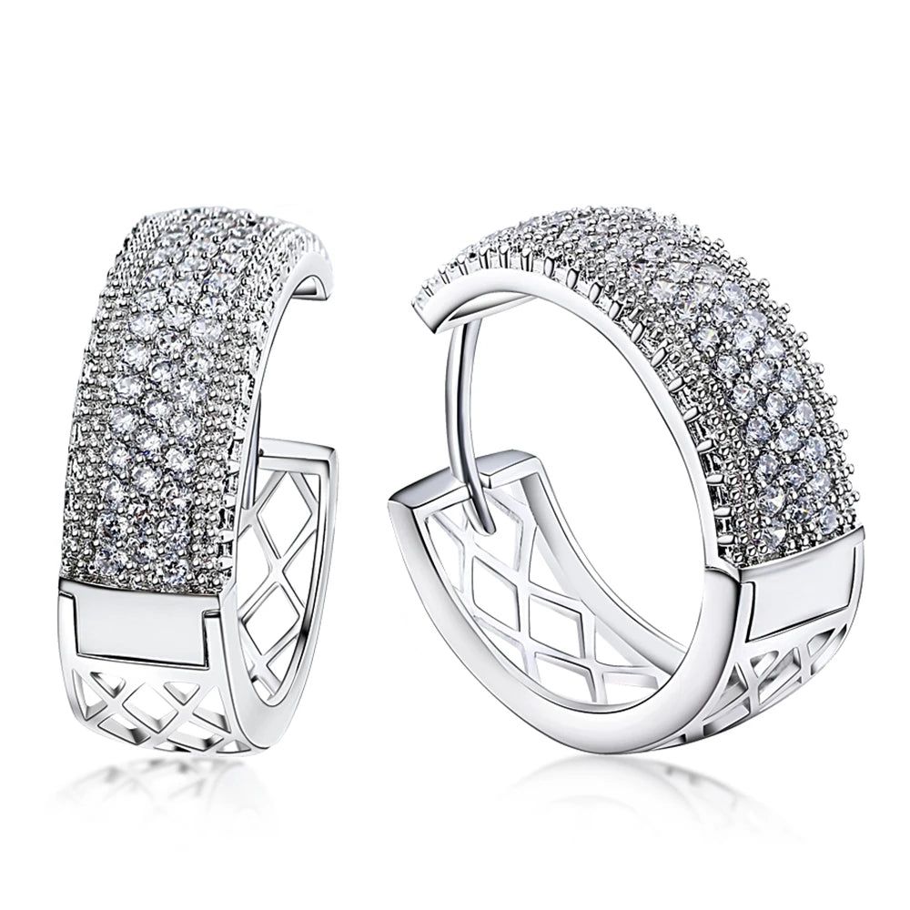 Rhodium-Plated Large Hoop Earrings with Half Clear Cubic Zirconia