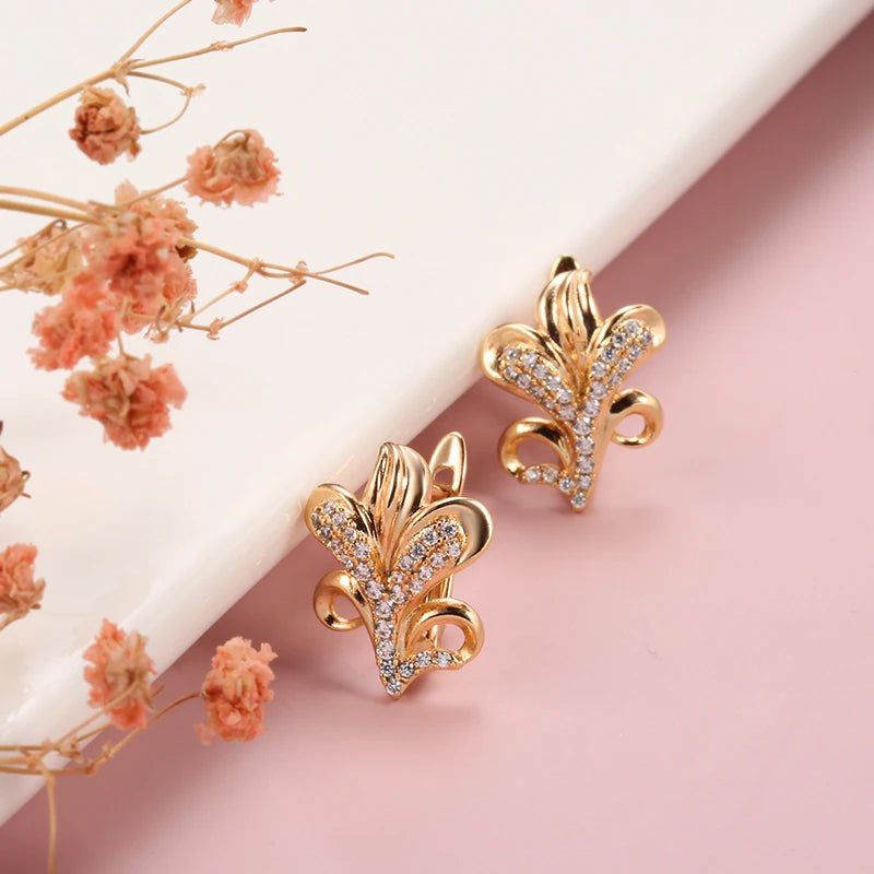 Romantic Floral Crystal Dangle Earrings in 585 Rose Gold - Elegant Natural Zircon Jewelry