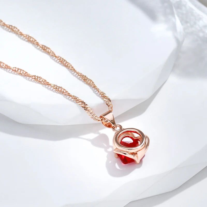 Romantic Red Zircon Pendant Necklace in 585 Rose Gold for Couples